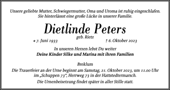Traueranzeige von Dietlinde Peters von Husumer Nachrichten
