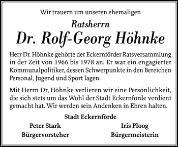 Traueranzeige von Dr. Rolf-Georg Höhnke von Eckernförder Zeitung