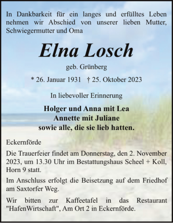 Traueranzeige von Elna Losch von Eckernförder Zeitung