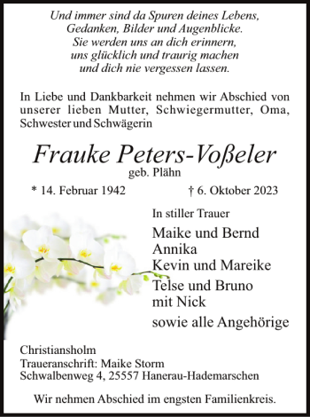 Traueranzeige von Frauke Peters-Voßeler von Landeszeitung