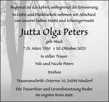 Traueranzeige von Jutta Olga Peters von Norddeutsche Rundschau