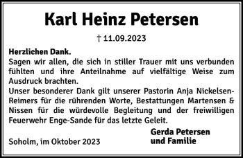 Traueranzeige von Karl Heinz Petersen von Husumer Nachrichten