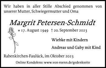Traueranzeige von Margrit Petersen-Schmidt von Schleswiger Nachrichten