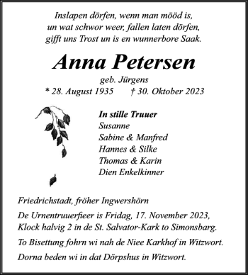 Traueranzeige von Anna Petersen von Husumer Nachrichten