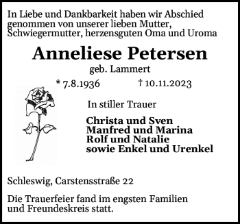 Traueranzeige von Anneliese Petersen von Schleswiger Nachrichten