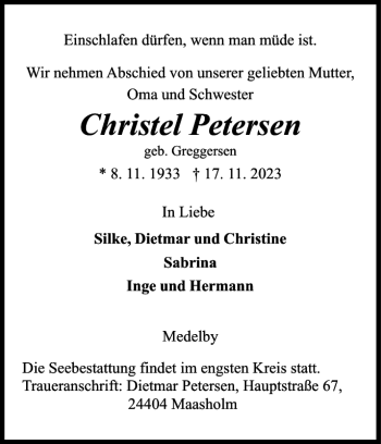 Traueranzeige von Christel Petersen von Flensburger Tageblatt