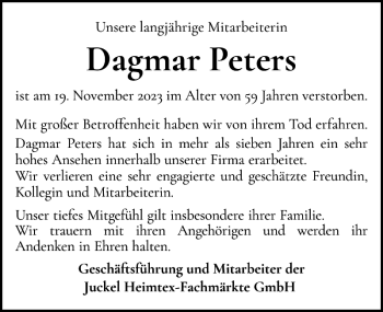 Traueranzeige von Dagmar Peters von Holsteinischer Courier