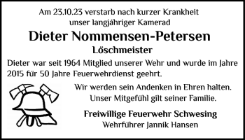 Traueranzeige von Dieter Nommensen-Petersen von Husumer Nachrichten