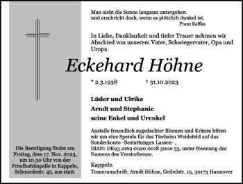 Traueranzeige von Eckehard Höhne von Schleswiger Nachrichten