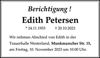 Traueranzeige von Edith Petersen von Sylter Rundschau