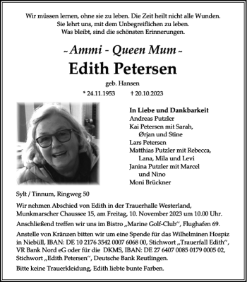 Traueranzeige von Edith Petersen von Sylter Rundschau