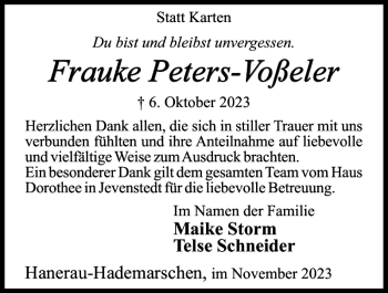 Traueranzeige von Frauke Peters-Voßeler von Landeszeitung
