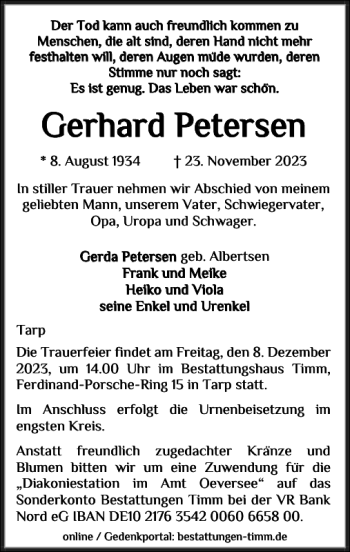Traueranzeige von Gerhard Petersen von Flensburger Tageblatt
