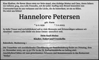 Traueranzeige von Hannelore Petersen von Flensburger Tageblatt