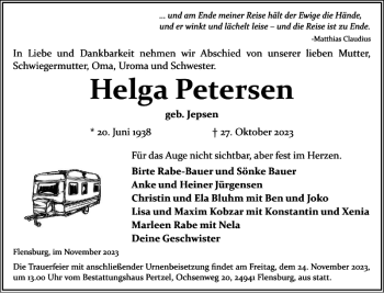 Traueranzeige von Helga Petersen von Flensburger Tageblatt