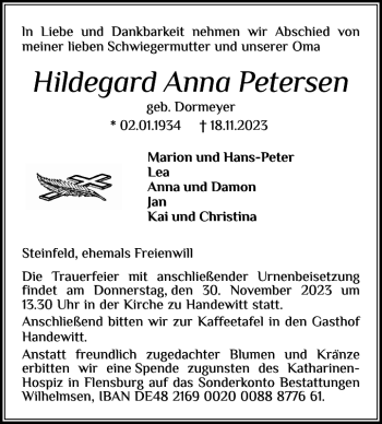 Traueranzeige von Hildegard Anna Petersen von Flensburger Tageblatt