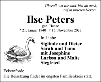 Traueranzeige von Ilse Peters von Eckernförder Zeitung