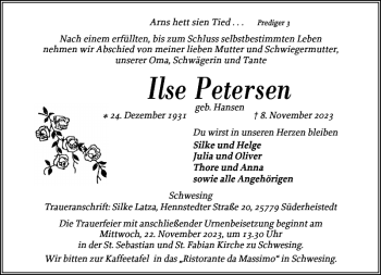 Traueranzeige von Ilse Petersen von Husumer Nachrichten