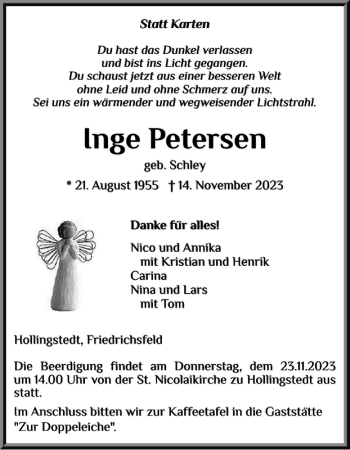 Traueranzeige von Inge Petersen von Schleswiger Nachrichten