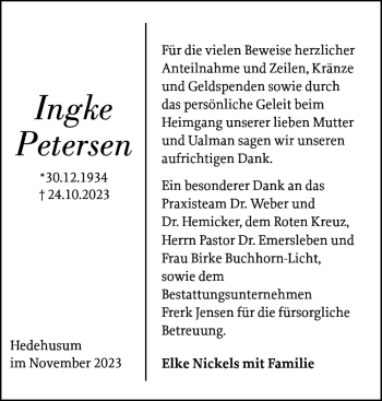 Traueranzeige von Ingke Petersen von Der Insel-Bote