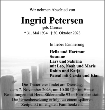 Traueranzeige von Ingrid Petersen von Flensburger Tageblatt