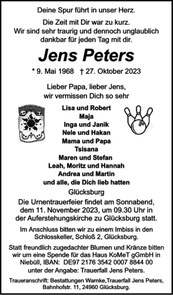 Traueranzeige von Jens Peters von Flensburger Tageblatt