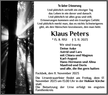 Traueranzeige von Klaus Peters von Landeszeitung