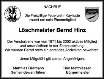 Traueranzeige von Löschmeister Bernd Hinz von Stormarner Tageblatt