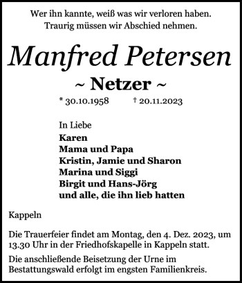 Traueranzeige von Manfred Petersen von Schleswiger Nachrichten