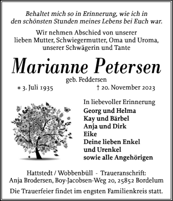Traueranzeige von Marianne Petersen von Husumer Nachrichten
