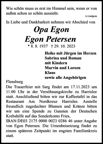 Traueranzeige von Opa Egon Egon Petersen von Flensburger Tageblatt