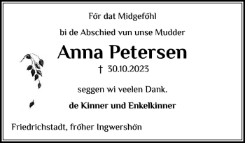 Traueranzeige von Anna Petersen von Husumer Nachrichten