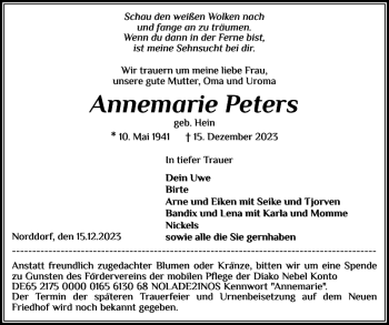 Traueranzeige von Annemarie Peters von Der Insel-Bote
