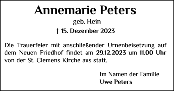 Traueranzeige von Annemarie Peters von Der Insel-Bote