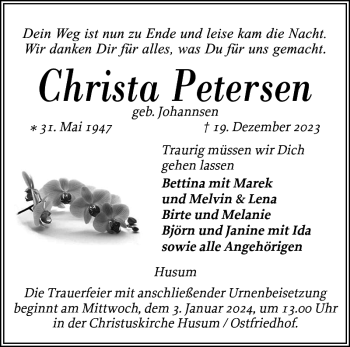 Traueranzeige von Christa Petersen von Husumer Nachrichten