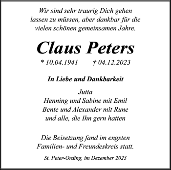 Traueranzeige von Claus Peters von Husumer Nachrichten