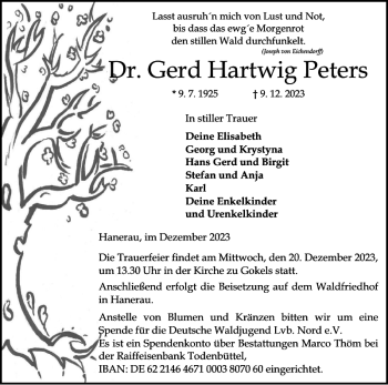 Traueranzeige von Dr. Gerd Hartwig Peters von Landeszeitung