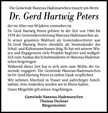 Traueranzeige von Dr. Gerd Hartwig Peters von Landeszeitung