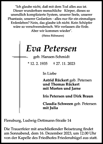 Traueranzeige von Eva Petersen von Flensburger Tageblatt
