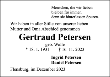 Traueranzeige von Gertraud Petersen von Flensburger Tageblatt