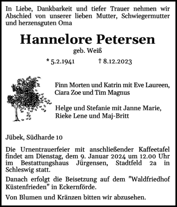 Traueranzeige von Hannelore Petersen von Schleswiger Nachrichten