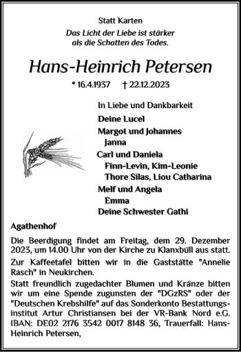 Traueranzeige von Hans-Heinrich Petersen von Husumer Nachrichten