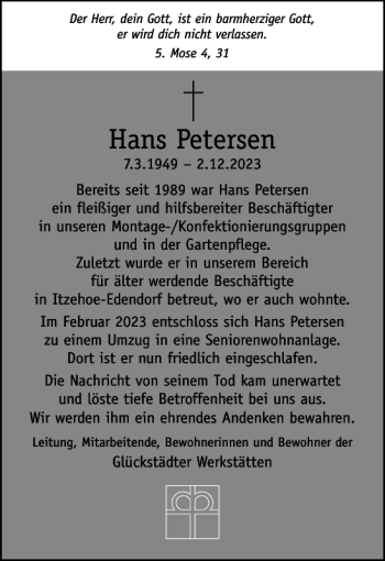 Traueranzeige von Hans Petersen von Norddeutsche Rundschau