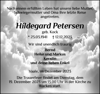 Traueranzeige von Hildegard Petersen von Norddeutsche Rundschau