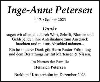 Traueranzeige von Inge-Anne Petersen von Husumer Nachrichten