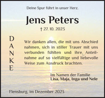 Traueranzeige von Jens Peters von Flensburger Tageblatt
