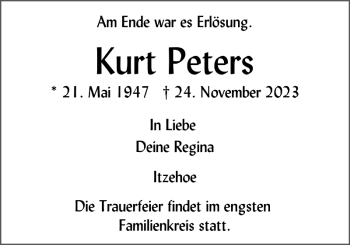 Traueranzeige von Kurt Peters von Norddeutsche Rundschau