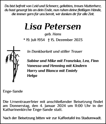 Traueranzeige von Lisa Petersen von Husumer Nachrichten
