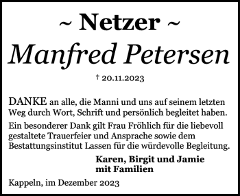 Traueranzeige von Manfred Petersen von Schleswiger Nachrichten