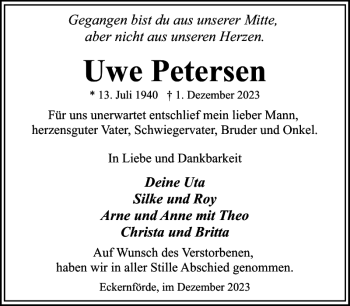 Traueranzeige von Uwe Petersen von Eckernförder Zeitung
